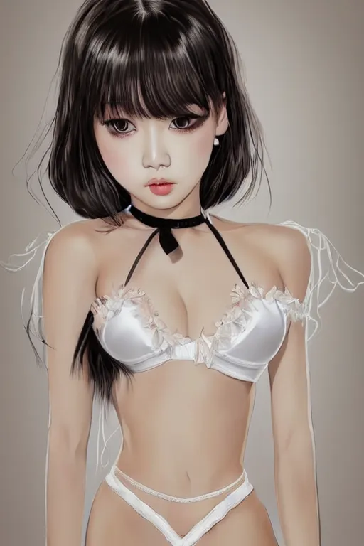 Prompt: realistic detailed semirealism beautiful gorgeous cute Blackpink Lalisa Manoban wearing white silky lingerie, white silky outfit, black hair black cat ears, black leather choker, proportional body, WLOP, Aztodio, Taejune Kim, sakimichan, Pixiv, Instagram, Artstation