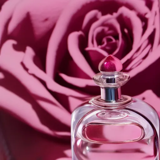Image similar to perfume bottle buried in artistic, luscious dark pink roses, soft femme, romantic simple path traced, environment, up close shot