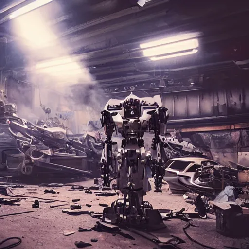 Image similar to cutlery mecha, dark messy smoke - filled cluttered workshop, dark, dramatic lighting, orange tint, cinematic, highly detailed, sci - fi, futuristic, movie still