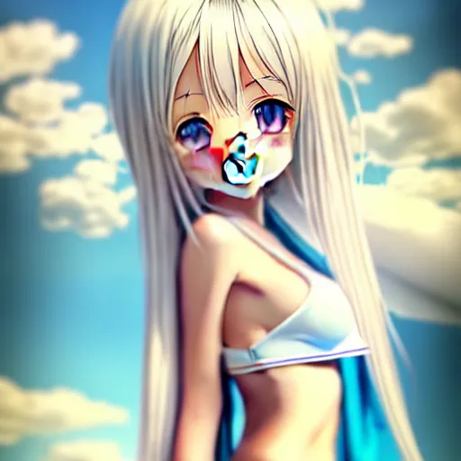 Image similar to tiny father a tall daughter picture : a very beautiful young blond anime girl, sky blue eyes, bikini, white miniskirt, highly detailed, cinematic wallpaper by stanley artgerm lau