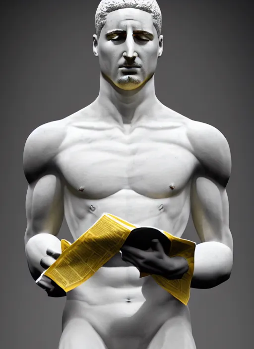 Image similar to a statue made of white marble with gold veins, of klay thompson reading the newspaper and petting his bulldog, full body shot, perfect symmetrical body, perfect symmetrical face, hyper realistic, hyper detailed, by johannen voss, by peter kemp, by monia merlo, by michelangelo, octane render, blender, 8 k