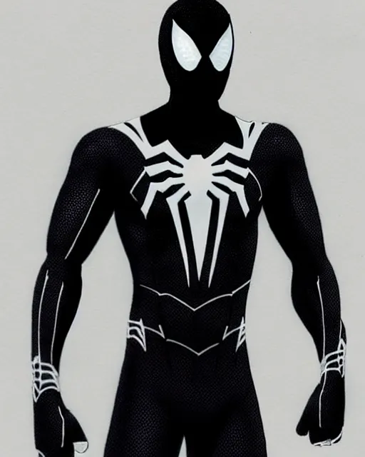 Image similar to black spider - man suit with white webbing, photorealistic, hyperdetailed sketch