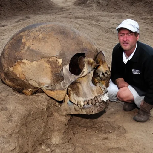 Image similar to Giant skull found at excavation site, a scientist stands next to the skull and is dwarfed by it, press photo