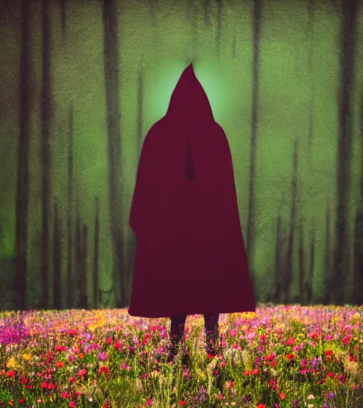 Prompt: tall hooded shadow person figure standing in beautiful meadow of flowers, technicolor photo, grainy, high detail, high resolution
