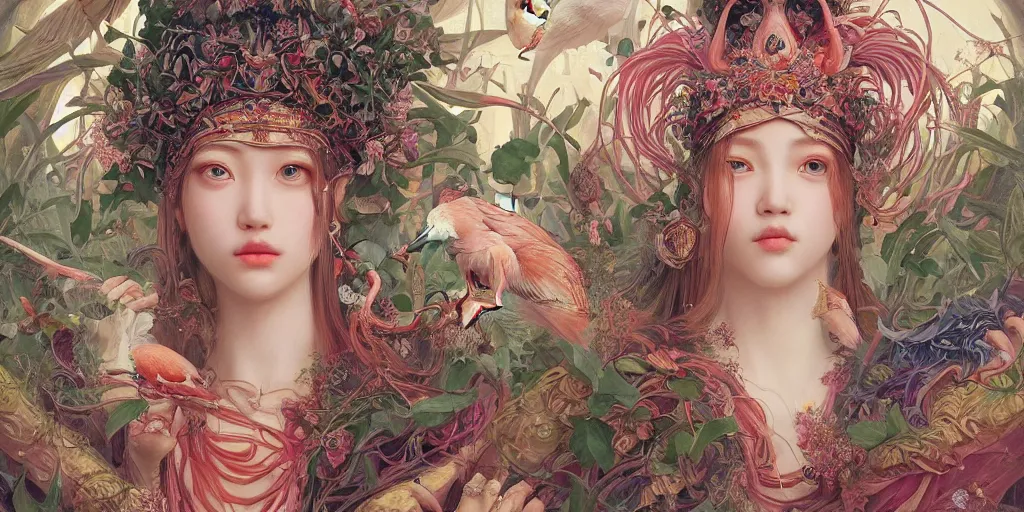 Image similar to breathtaking detailed concept art painting of the goddess of flamingo, orthodox saint, with anxious, piercing eyes, ornate background, epic composition, amalgamation of leaves and flowers, by Hsiao-Ron Cheng and John James Audubon and Miho Hirano, extremely moody lighting, 8K