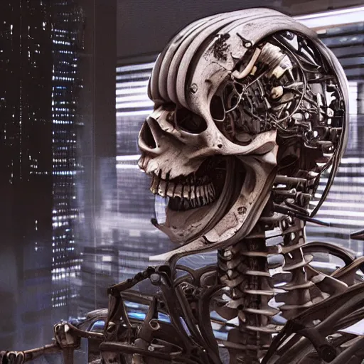 Prompt: mechanical skeleton, cyberpunk, hyper realistic