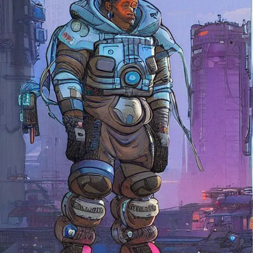 Image similar to Apex legends cyberpunk weight lifter. Concept art by James Gurney and Mœbius.