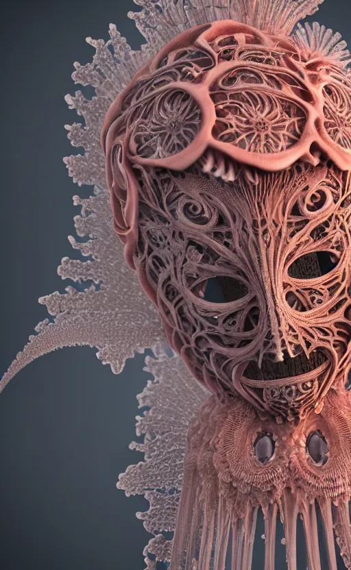 Image similar to gothic goddess intricate mask, eagle coral, jelly fish, mandelbulb 3 d, fractal flame, octane render, cyborg, biomechanical, futuristic, by ernst haeckel
