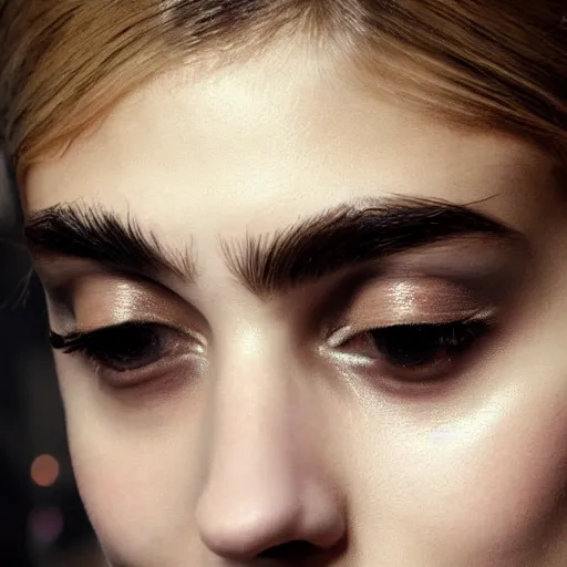 Prompt: A beautiful portrait of Daria Strokous as a model at Chanel fashion show as a model Spring/Summer 2010, highly detailed, in the style of cinematic, Milan fashion week backstage, Extreme close up, Makeup by Pat McGrath, Hair by Guido Palau