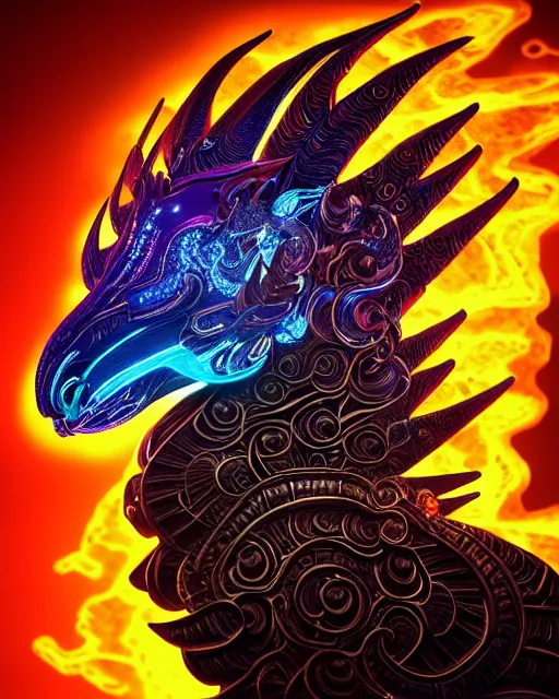 Image similar to 3 d ornate carved dark cosmic horse with profile portrait, sigma 5 0 0 mm f / 5. beautiful intricate highly detailed quetzalcoatl skull. bioluminescent, plasma, lava, ice, water, wind, creature, thunderstorm! artwork by tooth wu and wlop and beeple and greg rutkowski, 8 k trending on artstation