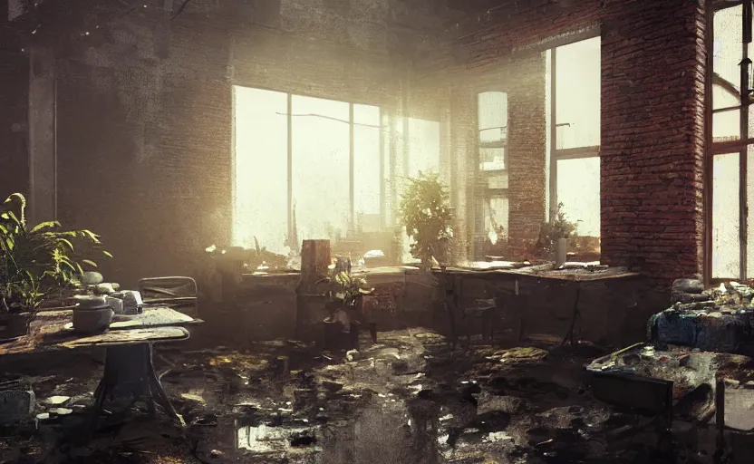 Image similar to a stylish artist studio interior, messy, many plants, brick walls, painting by Craig Mullins, octane rendering, warm moody lighting, wide angle lens, low view, in the style of blade runner, trending on artstation, 8k,