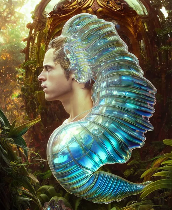 Image similar to intricate ornate opulent transparent clear see - through crystal portrait of a gundam beautiful male alien sea slug, mottled coloring, adorable, childlike, overgrown jungle environment, ultra realistic, concept art, art nouveau, photorealistic, octane render, 8 k, unreal engine. art by christopher marley and artgerm and greg rutkowski and alphonse mucha