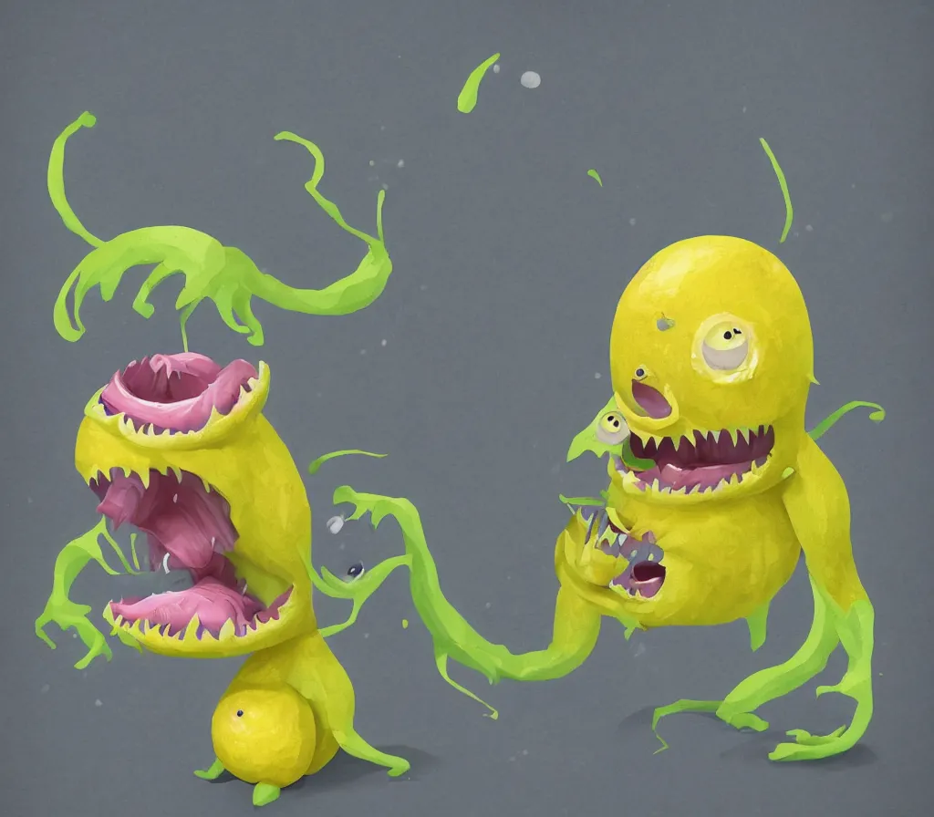 Image similar to a cute lemon monster with sharp teeth, heavenly, pastel, cute, trending on artstation, digital art.