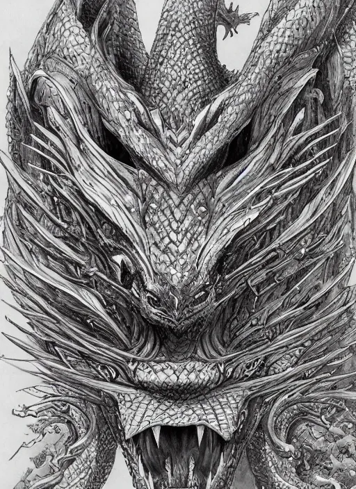 Image similar to highly detailed picture of great dragon, sketch, manga, edge of the universe, perfectly face, highly detailed, masterpiece, trending on artstation, golden ratio, cinematic romantic magical, perfect intricate highly detailed painting by akira, masashi kishimoto,, digital art
