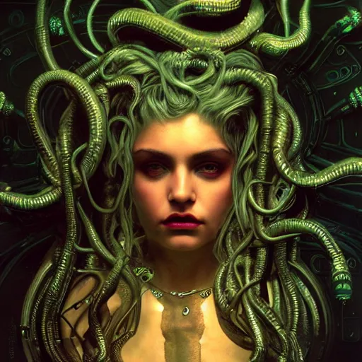 Image similar to Cyberpunk medusa, dark atmosphere, cinematic shot, intricate, ornate, photorealistic, ultra detailed, realistic, 35mm, photography, neon, octane, high definition, depth of field, bokeh, 8k, artstation, (alphonse mucha), (hr giger)