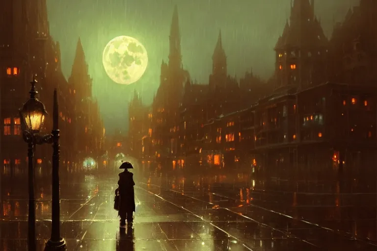 Image similar to a shadow in the sky above a victorian city, scene in a rainy night. full moon, 1 8 9 0, key visual, conceptart, ambient lighting, highly detailed, digital painting, artstation, concept art, sharp focus, by makoto shinkai and akihiko yoshida and greg manchess