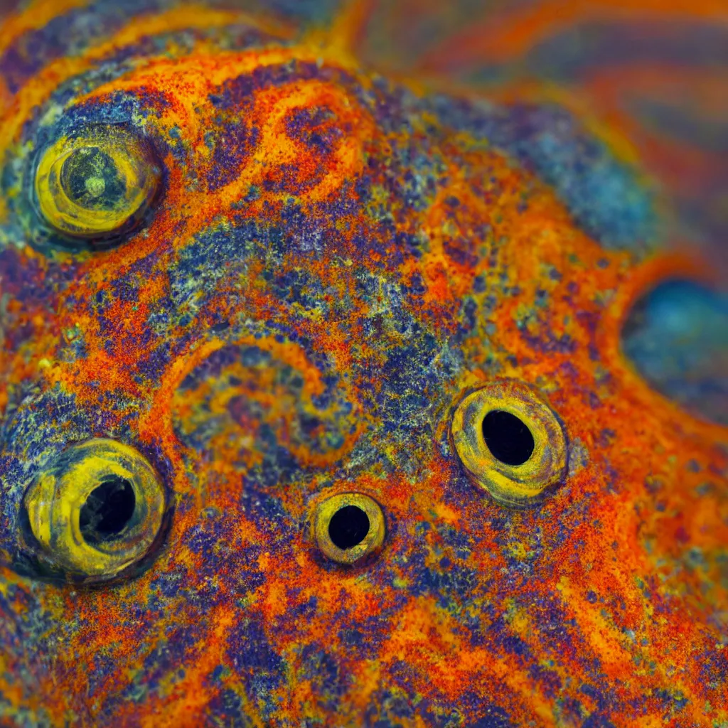 Image similar to fiery whimsical emotional eyes cephalopod, in a photorealistic macro photograph with shallow dof