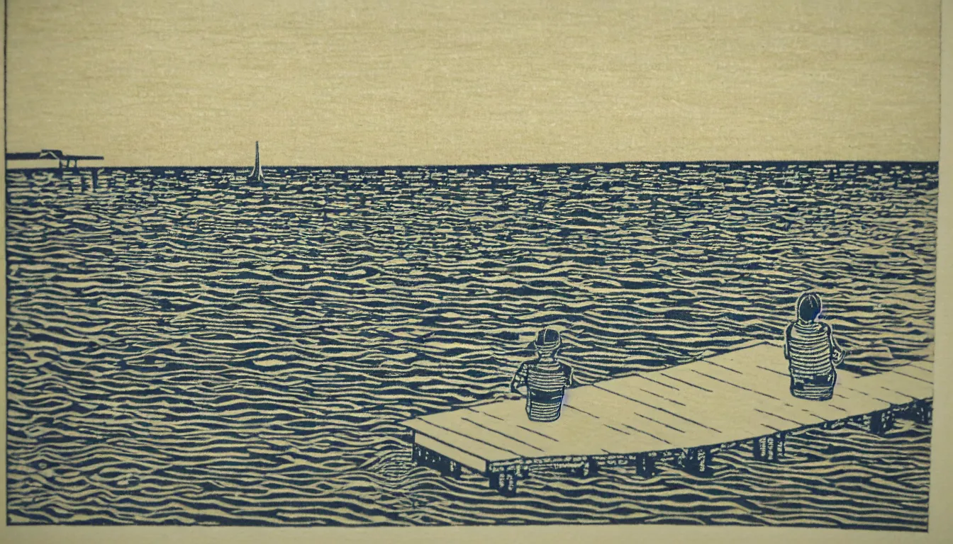 Prompt: sitting at the end of the dock woodblock print