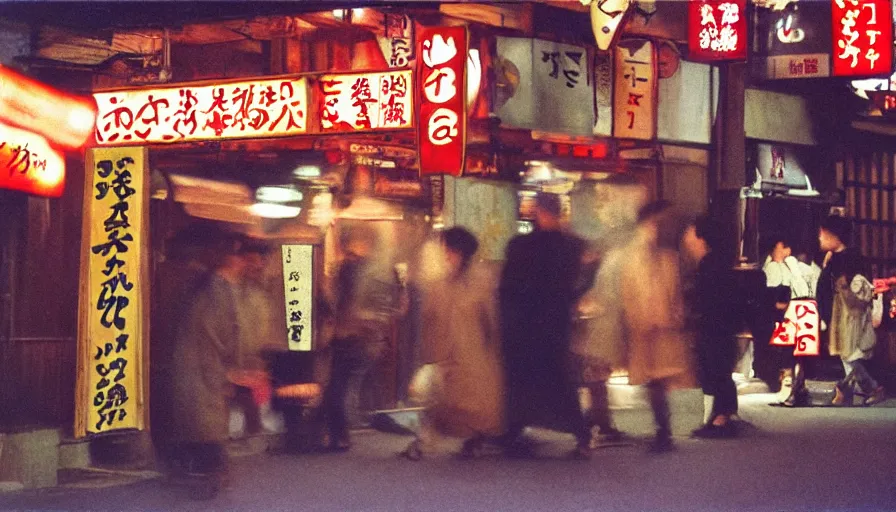 Image similar to impactful photography by haruto hoshi and yang seung woo and saul leiter, flash photography of night life in kabuki cho japan, full color, shot on kodak gold with a canon 3 5 mm lens aperture f / 8, hyperrealistic