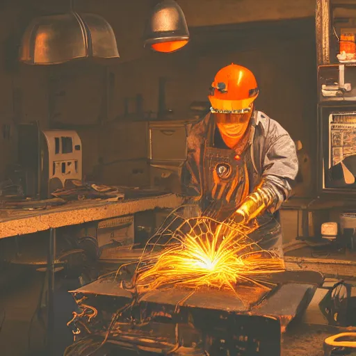 Image similar to cyborg toaster oven repairman, dark messy smoke - filled cluttered workshop, dark, dramatic lighting, orange tint, sparks, plasma rays, cinematic, highly detailed, sci - fi, futuristic, movie still