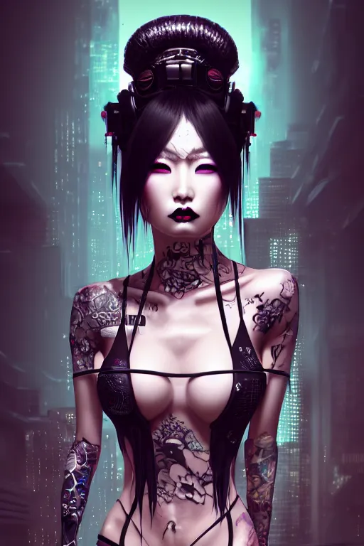 Prompt: soft lustrous ebony asian geisha goddess yakuza biotech raver gutter punk gothic cyborg, cyberpunk city, urban decay, decay, underworld, dark art, highly detailed, digital painting, octane render, artstation, concept art, smooth, sharp focus, illustration, art by artgerm, loish, wlop