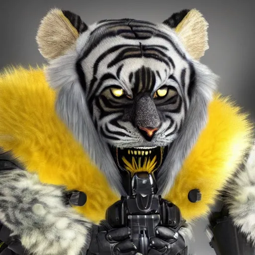 Image similar to a humanoid tiger in futuristic body armor and grey fur, highly detailed, yellow eyes, teeth that protrude past their lower jaw holding a plasma rifle