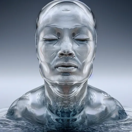 Image similar to a sculpture made of water in the shape of a human head, on the ocean water, water manipulation, behance, artstation, cinematic, in the style of johnson tsang, long shot, hyper detailed, hyper realistic, ray tracing, 8 k resolution, sharp focus, realistic water, award winning