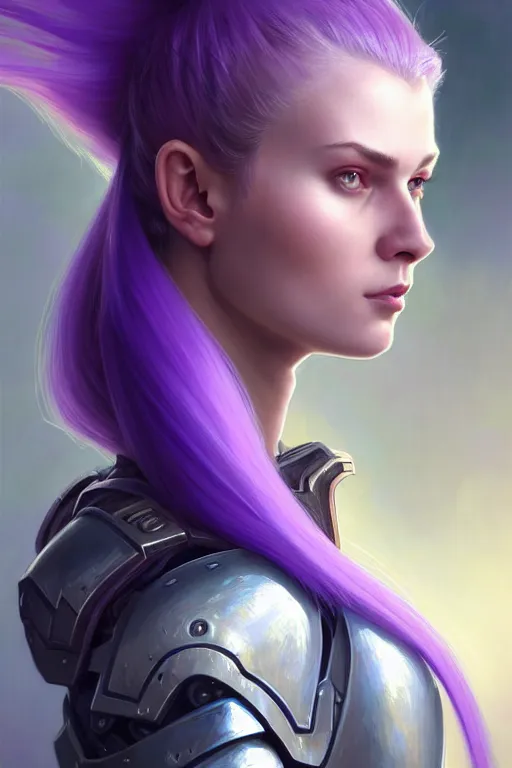 Image similar to alexey gurylev, close up portrait, young pale woman in sci - fi armor with purple ponytail hair, stoic, focused, powerful, d & d, fantasy, complex, elegant, highly detailed, digital painting, artstation, concept art, matte, clear focus, illustration, hearthstone, artgerm art, greg rutkovsky and alphonse mucha