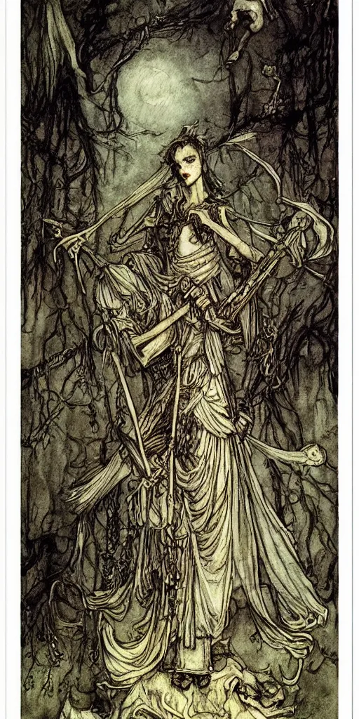 Image similar to tarot card detailed painting, illustration, colorful, tarot card ornate framing with roman numerals, in style of Arthur Rackham, Jakub Różalski