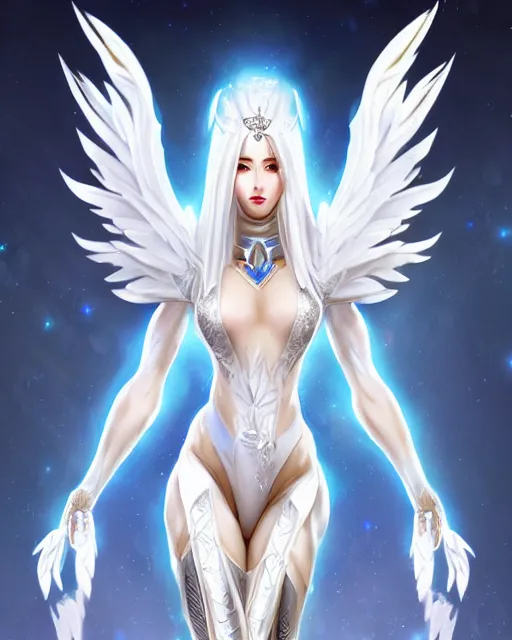 Prompt: perfect white haired egyptian goddess wearing white dove wings, warframe armor, regal, attractive, ornate, sultry, beautiful, ice queen, half asian, pretty face, blue eyes, detailed, scifi platform, 4 k, ultra realistic, android body, illuminated, cinematic, masterpiece, art by akihito tsukushi, voidstar, artgerm