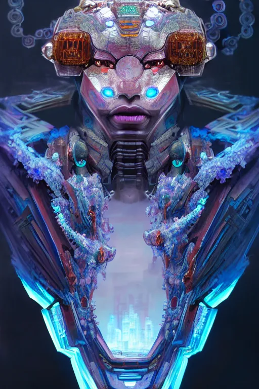 Prompt: asura from chinese myth, ghost, gorgeous and huge head ornaments, dystopian, cyberpunk, organic fractal mycelum and fungi, mecha, halfturn portrait of a big crystal face made of crystals half - turn, ominous, intricate, studio, art by anthony macbain + greg rutkowski + alphonse mucha, concept art, 4 k, sharp focus