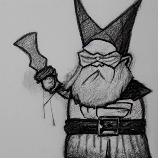 Image similar to poorly drawn pencil sketch of a gnome dressed in leather holding a slingshot and with a determined look.