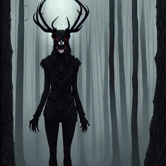 Image similar to style artgerm, joshua middleton, artgerm, rafael albuquerque : : scary wendigo with antlers and skull face mixed with werewolf : : [ [ beautiful witch wearing a black dress, symmetrical face, on the right side ] ] : : in the forest, detailed, dark and foggy, cinematic lighting