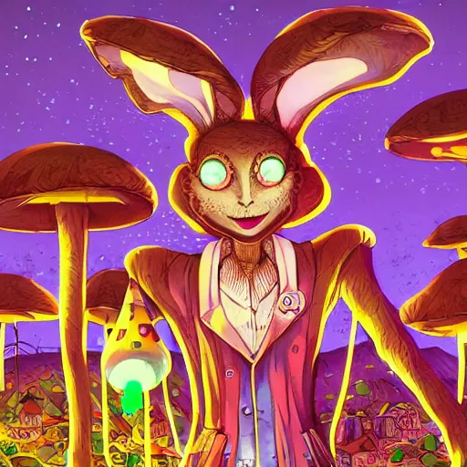 Image similar to 4 k headshot portrait of a psychedelic demonic anthropomorphic bunny rabbit with mushroom themed clothes, magic mushroom village in background. award winning, stylized neon, post - processing, masterpiece, superb resolution. in the art style of junji ito and greg rutkowski. detailed mushroom city in background. hyper realistic anime. perfect art. dalle 2