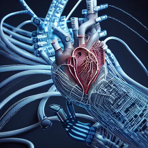 Image similar to a human heart, revealing wires and electronics, hooked - up, sci - fi, missing panels, intricate abstract upper body intricate artwork, concept art, octane render, deviantart, cinematic, key art, hyperrealism, iridescent accents, portrait photograph, nikon 3 5 mm, photograph by greg rutkowski