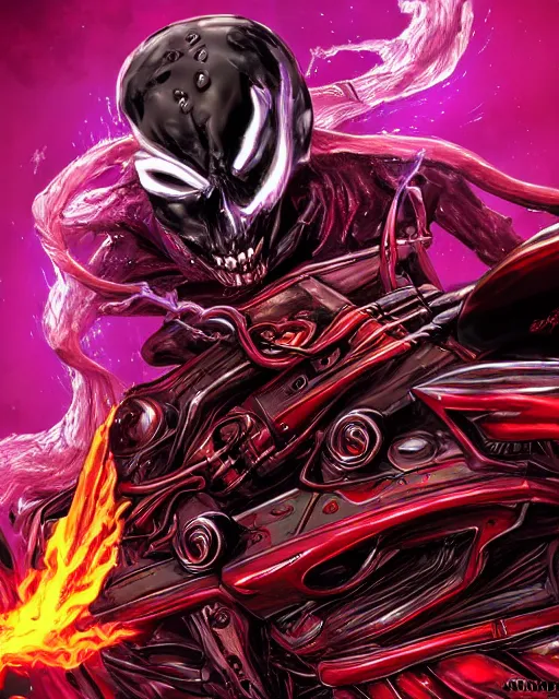 Image similar to ghost rider symbiote, purple and red variant, dynamic lighting, fantasy concept art, trending on art station, stunning visuals, creative, cinematic, ultra detailed, comic strip style