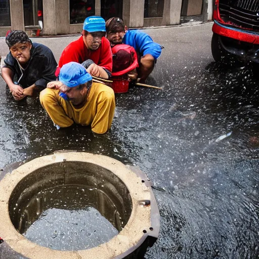 Prompt: closeup portrait of a group of fishermen trying to fish in the manholes in between car traffic in rainy new york street, by David Lazar, natural light, detailed face, CANON Eos C300, ƒ1.8, 35mm, 8K, medium-format print