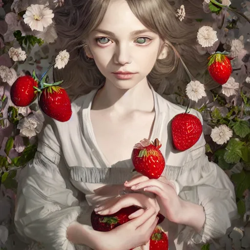 Image similar to the portrait of an absurdly beautiful, graceful, elegant, sophisticated, fashionable little girl made of strawberries and white petals looking down, an ultrafine hyperdetailed illustration by kim jung gi, irakli nadar, intricate linework, bright colors, octopath traveler, final fantasy, unreal engine 5 highly rendered, global illumination, radiant light, detailed and intricate environment