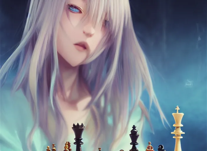 Image similar to rimuru playing chess, with gold eyes, straight hair, sky blue hair, long bangs, high collar, concept art, award winning photography, digital painting, cinematic, by wlop, anime key visual, wlop, 8 k, by ross tran, tom bagshaw, andy warhol