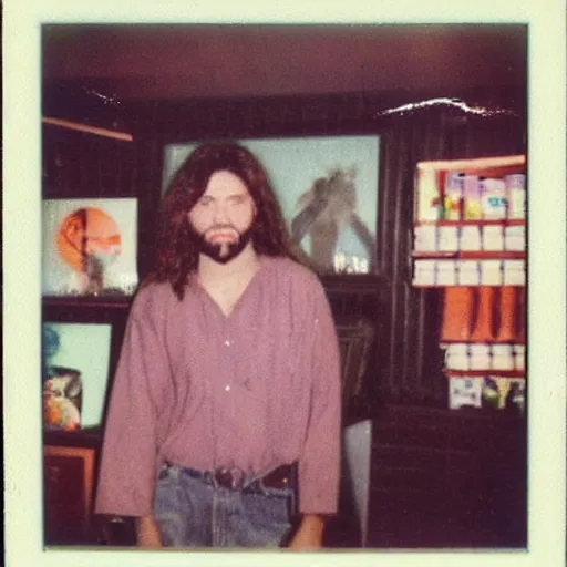 Prompt: a found polaroid of Jesus caught shoplifting, circa 1990