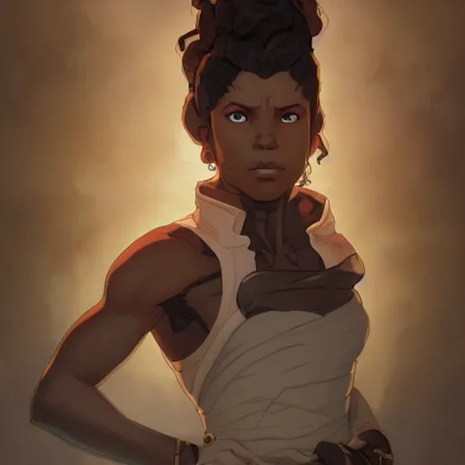 Prompt: Portrait of Avatar Korra, Legend of Korra, melanated brown skin, afro, black intricate, elegant, highly detailed, digital painting, artstation, concept art, smooth, sharp focus, illustration, art by artgerm and greg rutkowski and alphonse mucha