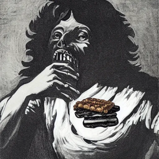 Image similar to saturn devouring a snickers bar, goya painting, in the style of goya, in the style of black paintings, highly realistic