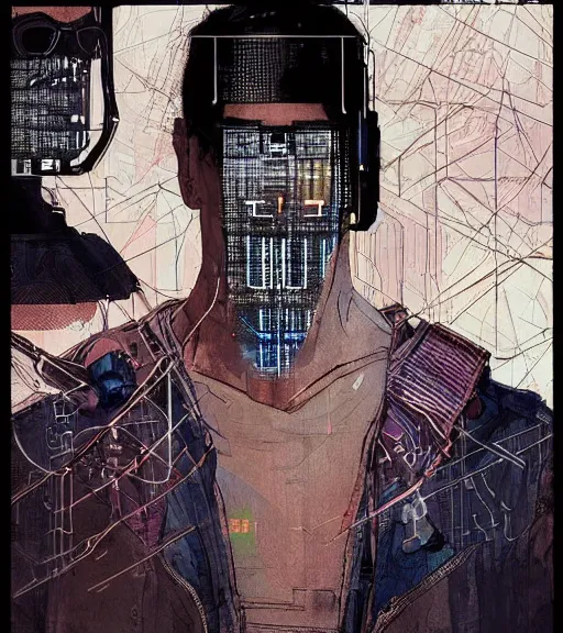 Image similar to a cyberpunk man with multiple digital patchwork faces, techwear, Industrial Scifi, detailed illustration, character portrait, by Martin Grip and Moebius