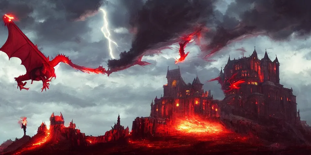 Prompt: A huge red dragon swoops past an imposing medieval castle, breathing fire, dark fantasy, stormy sky, lightning, digital art by Greg Rutkowski and Studio Ghibli