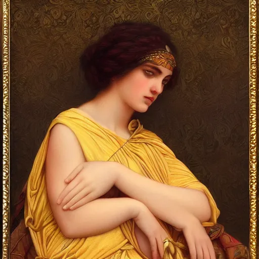 Image similar to beautiful golden portrait of Liv Sage, Grand Odalisque intricate oil painting by John William Godward and Anna Dittman by J-H 768-C2.0