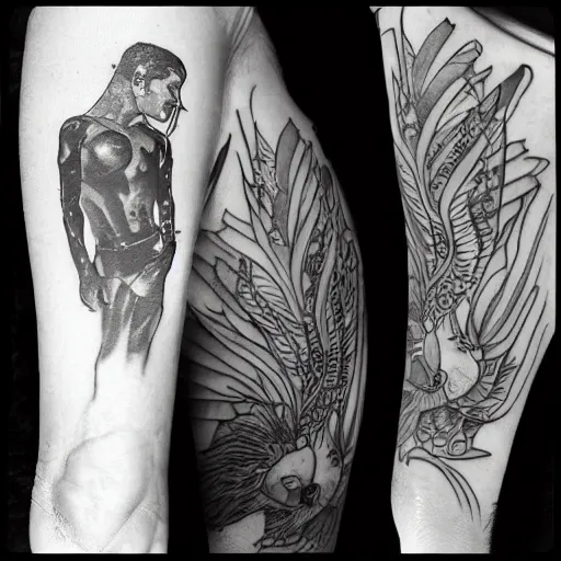 Image similar to harry Quinn with tattoos, noir, black and white, highly detailed