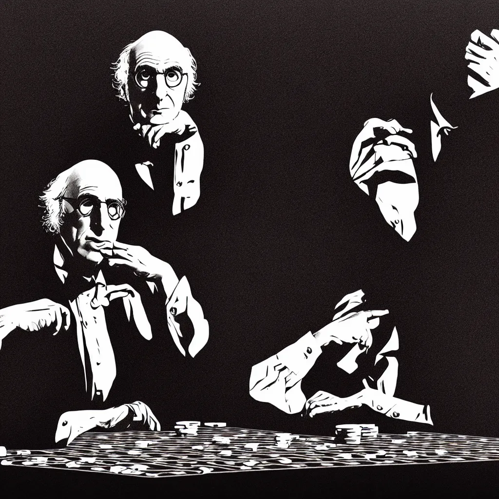 Image similar to larry david playing poker, Mads Berg, Karolis Strautniekas, James Yang, Brutalism, Constructivist, film noir, stippled light, dramatic lighting,editorial illustration, detailed, matte print, dark orange black white red, a lone man