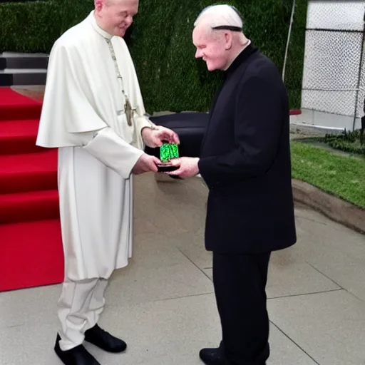 Image similar to john paul ii admiring a yeezy sneaker in his hands