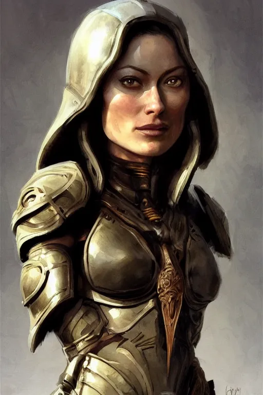 Prompt: a professionally painted portrait of Olivia Wilde, clothed in ancient battle armor, olive skin, long dark hair, beautiful bone structure, symmetrical facial features, intricate, elegant, digital painting, trending on Artstation, concept art, smooth, sharp focus, illustration, from Metal Gear by Ruan Jia and Mandy Jurgens and Artgerm and and william-adolphe bouguerea, award winning