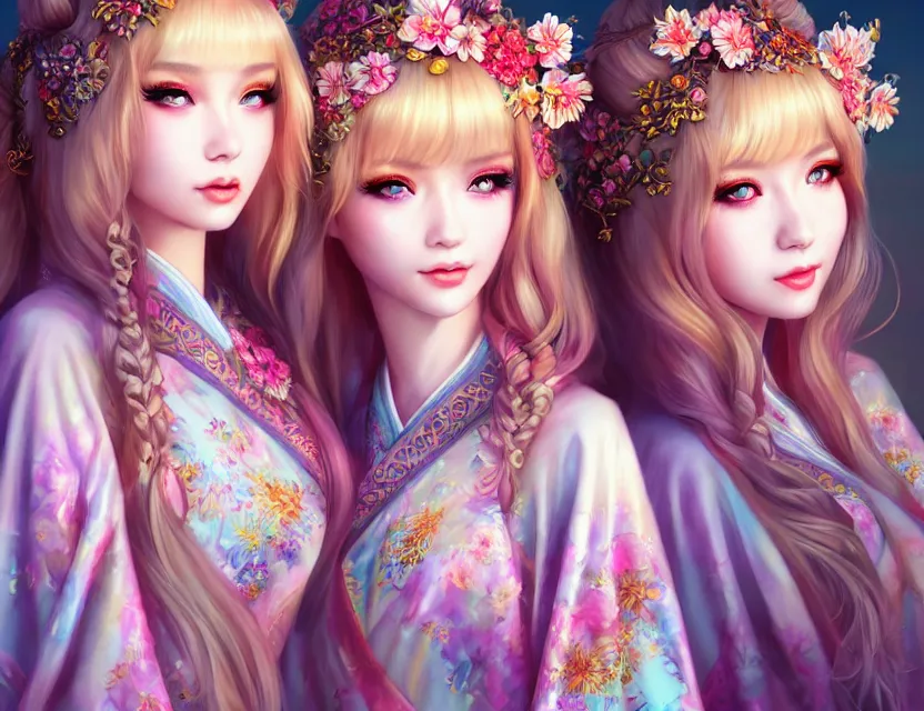 Image similar to two beautiful fashion siberian girls wear fantasy kimono in festival | | big eyes, sunny, dreamlike art, realistic shaded, smile, good looking, hyper details, 4 k realistic, cryengine, realistic shaded lighting poster by artgerm, ross tran, fuji choko, loish, 8 k resolution, trending on artstation, luxury